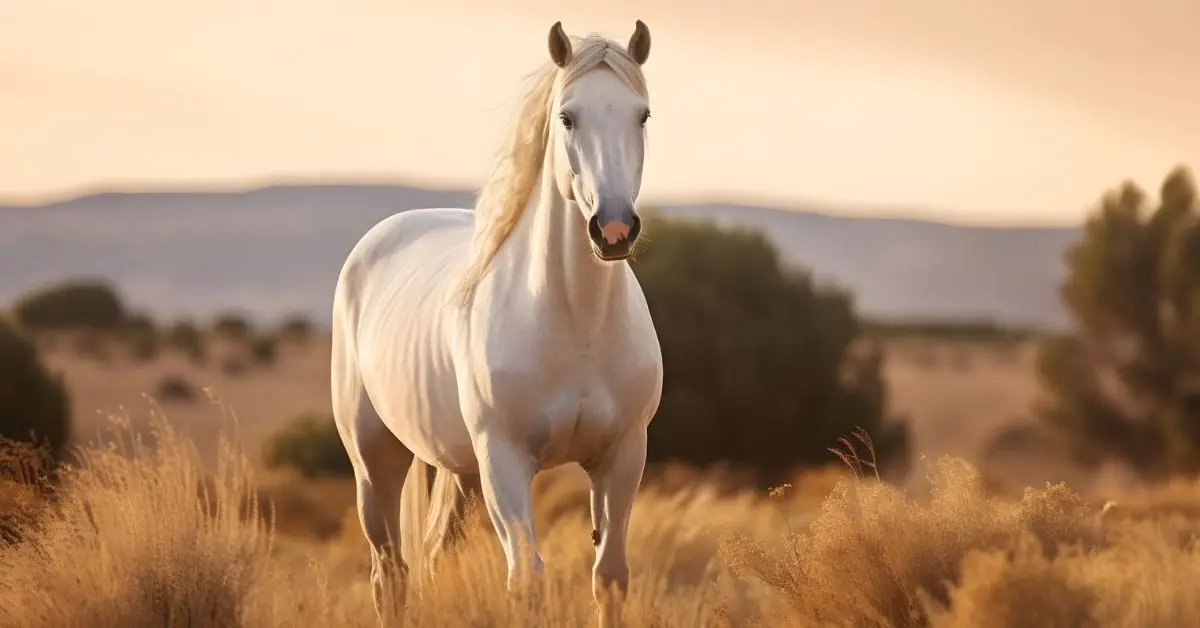 A beautiful white horse name is standing in a grassy ground background looking blur