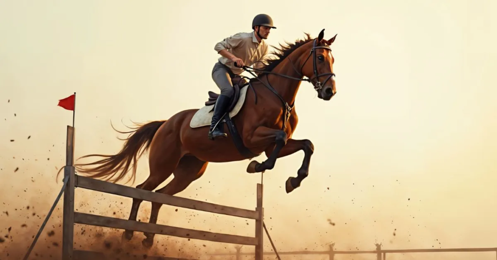 A man riding a Horse and the horse is jumping on a speed bracer