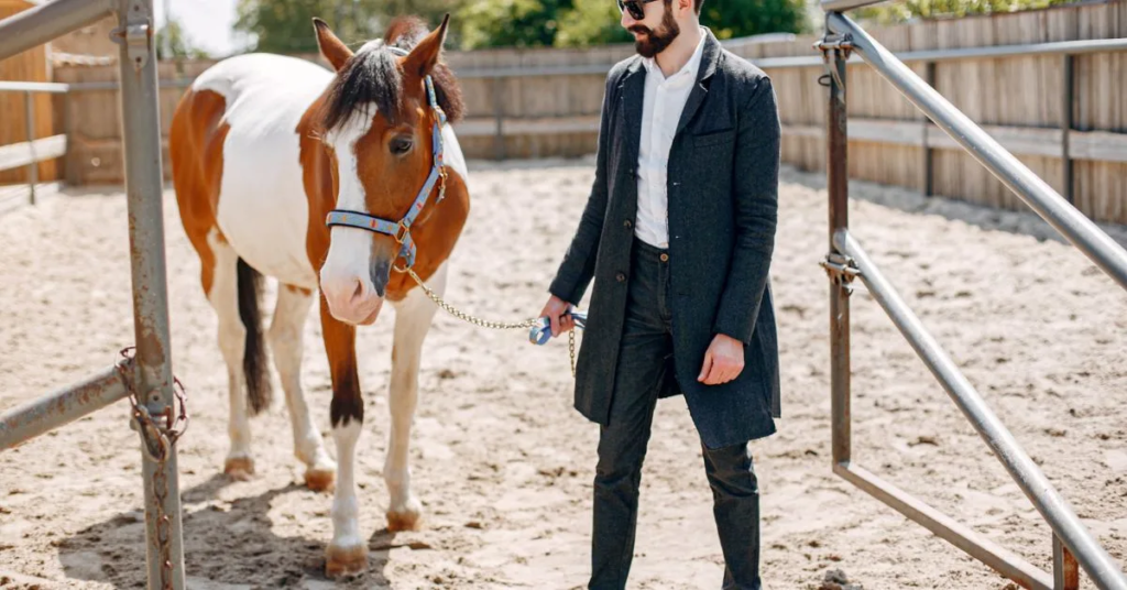 A gentle man is standing near a beautiful horse