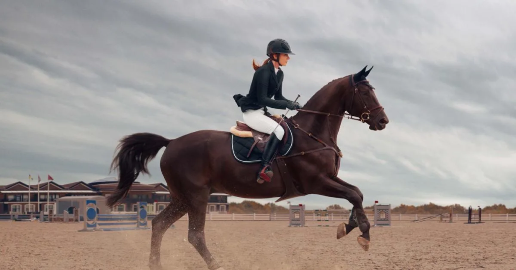 A cute lady wearing a racing game suite riding on a red color horse 