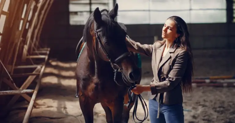 a beautiful lady is standing with a red Equine Horse Names
