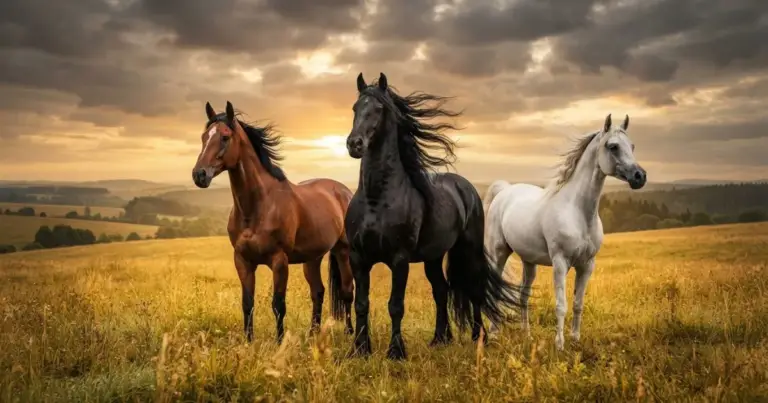 there are three horses red black and white color in the image there are strong horse names male