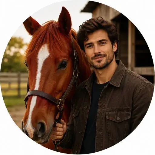 a beautiful man is standing near a beautiful red horse