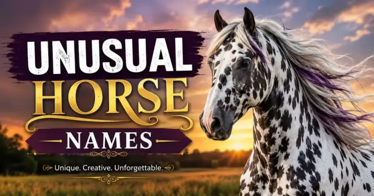 a beautiful horse is standing in a wavy evening and a text written Unusual Horse Names appearing in the pic